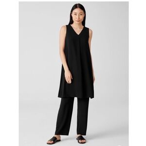 Eileen Fisher Silk Georgette Crepe Shift Pleated V-Neck Pocket Dress Black Small